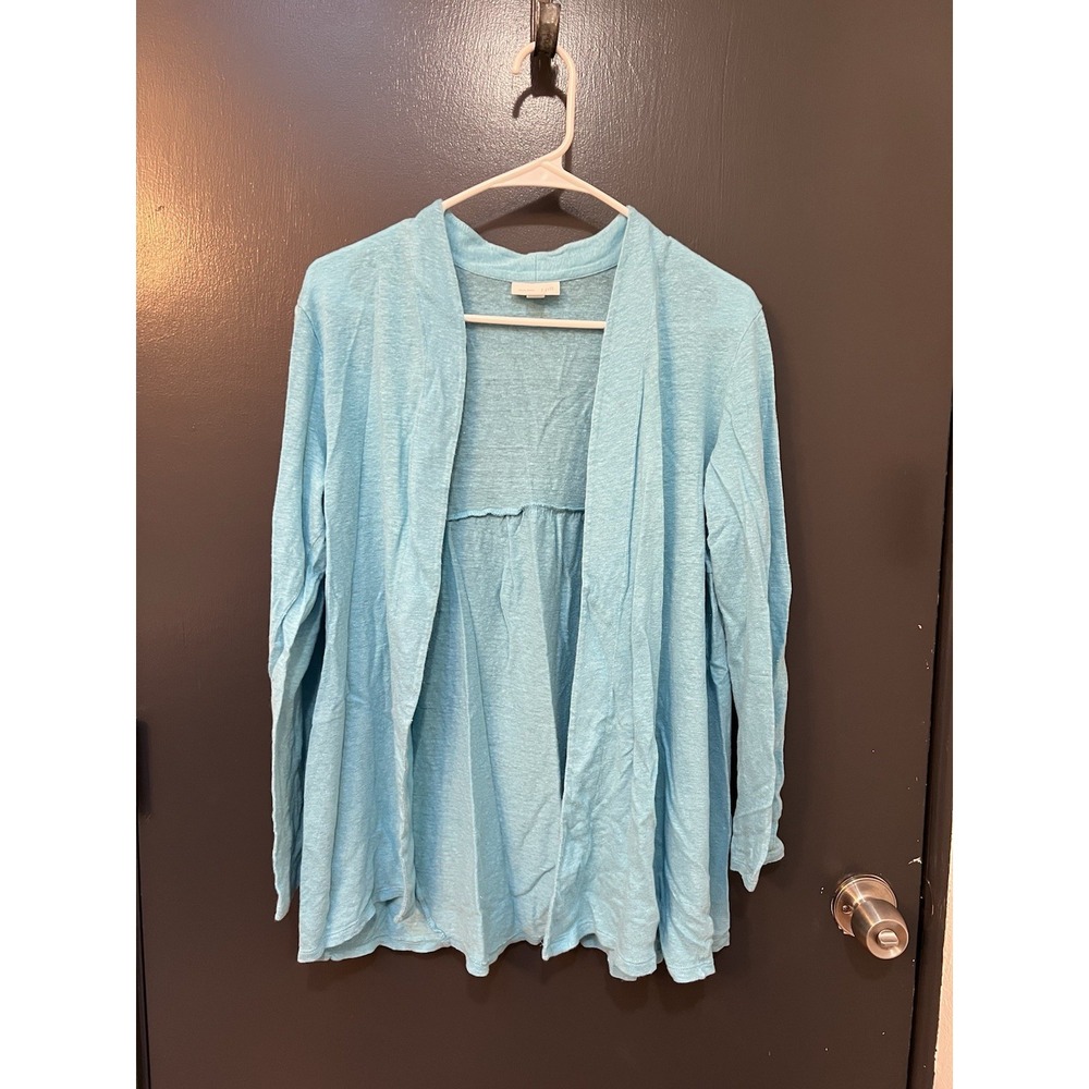J Jill Love Linen Open Cardigan Sweater Sz M 100% Linen Pleated Back Blue Boho
